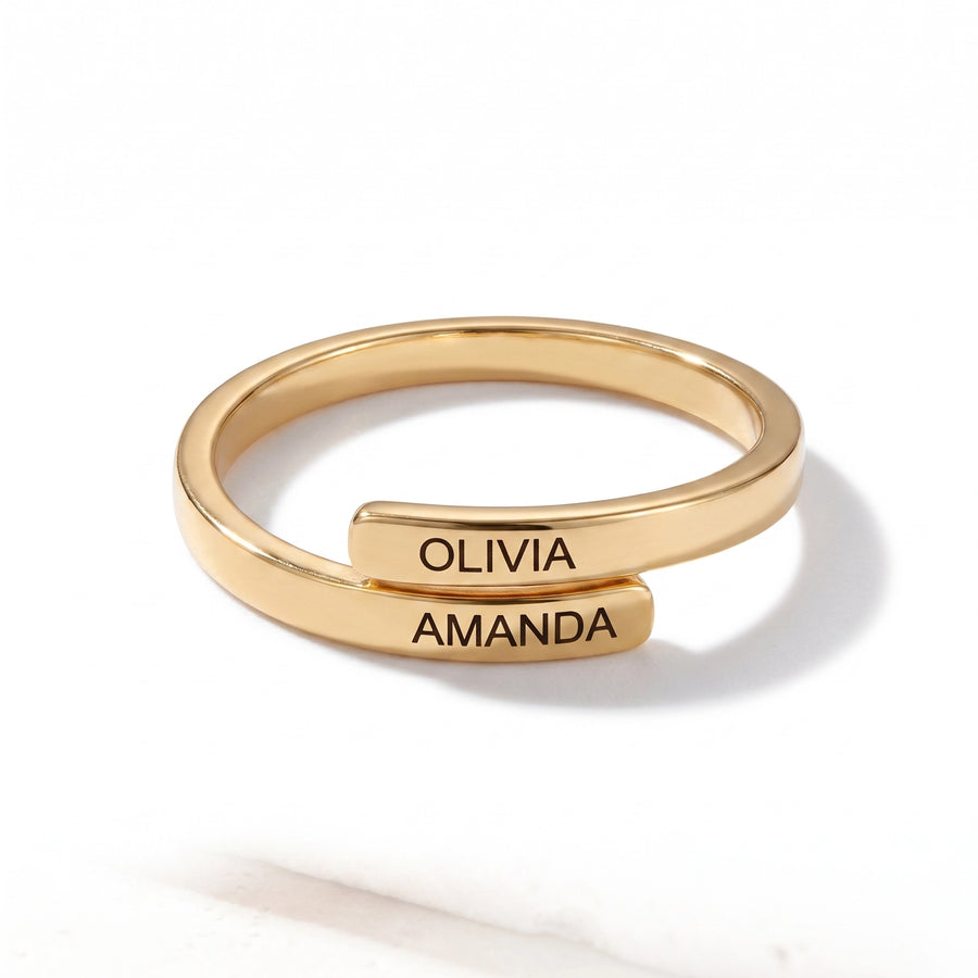 Two-Name Wrap Ring — 18k gold over sterling silver, engraved OLIVIA and AMANDA, white ecomm hero