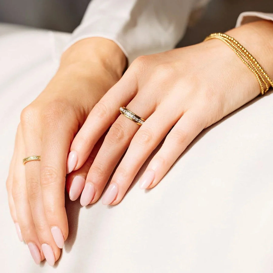 Crystal statement spinning fidget ring on hand — model lifestyle