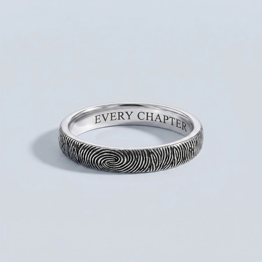 14k White Gold Fingerprint Ring — solid white gold band with engraved fingerprint and EVERY CHAPTER inside, hero