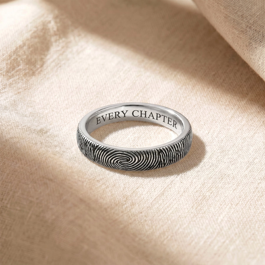 14k White Gold Fingerprint Ring on cream linen — solid 14k white gold, fingerprint band