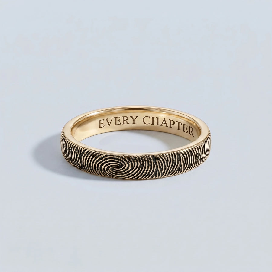 14k Yellow Gold Fingerprint Ring — solid gold band with engraved fingerprint and EVERY CHAPTER inside, hero