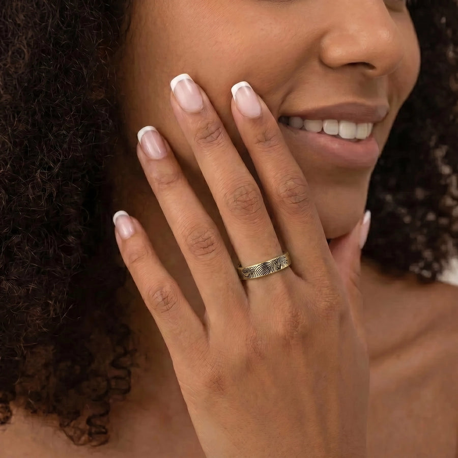 14k Yellow Gold Fingerprint Ring on hand — solid yellow gold fingerprint band