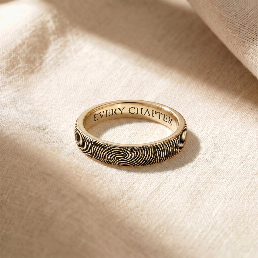 14k Yellow Gold Fingerprint Ring on cream linen — solid 14k yellow gold, fingerprint band