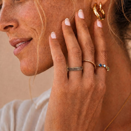 14k Yellow Gold Fingerprint Ring worn by a woman — solid yellow gold fingerprint band on ring finger
