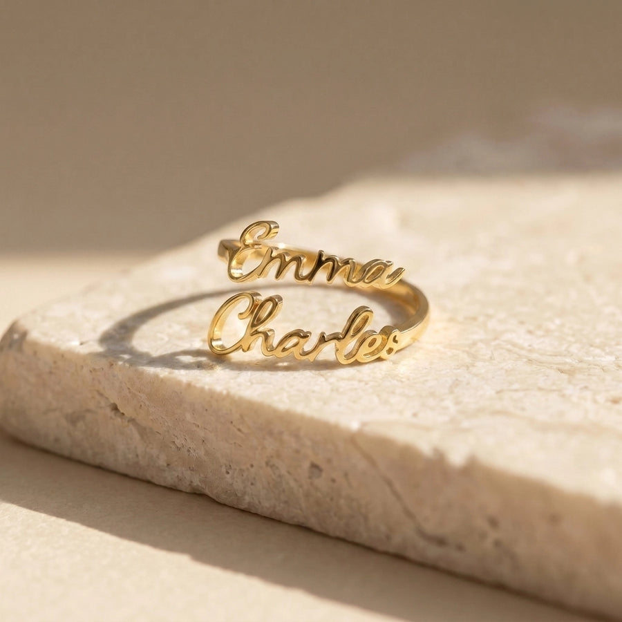 Personalized Name Ring 2 Names — marble flatlay