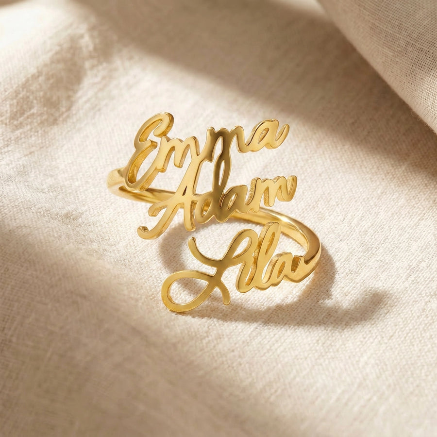 Personalized Name Ring 3 Names — linen flatlay