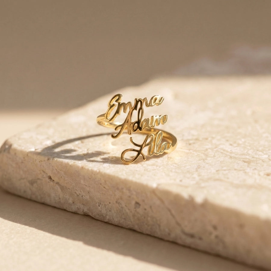 Personalized Name Ring 3 Names — marble flatlay