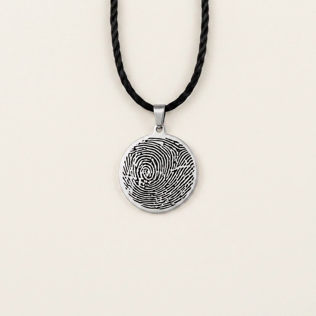 Amity Stainless Print Keepsake — polished stainless steel pendant with fingerprint engraving on black leather cord