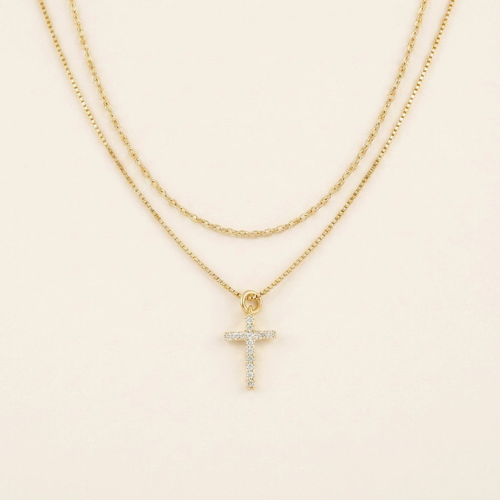 Dainty Cable & Pavé Cross Necklace — Stacking Set