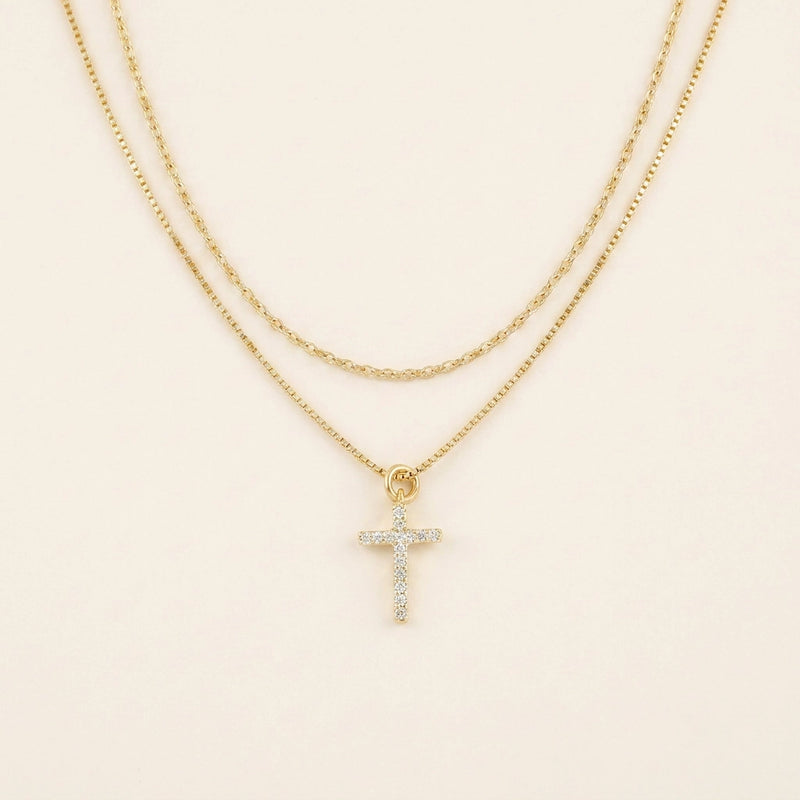 Dainty Cable & Pavé Cross Necklace — Stacking Set