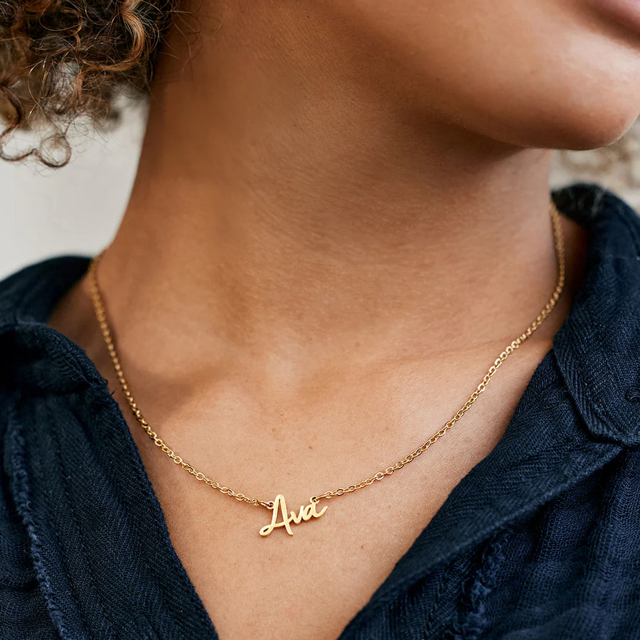 Fairy Name Necklace — worn on neck, gold cable chain