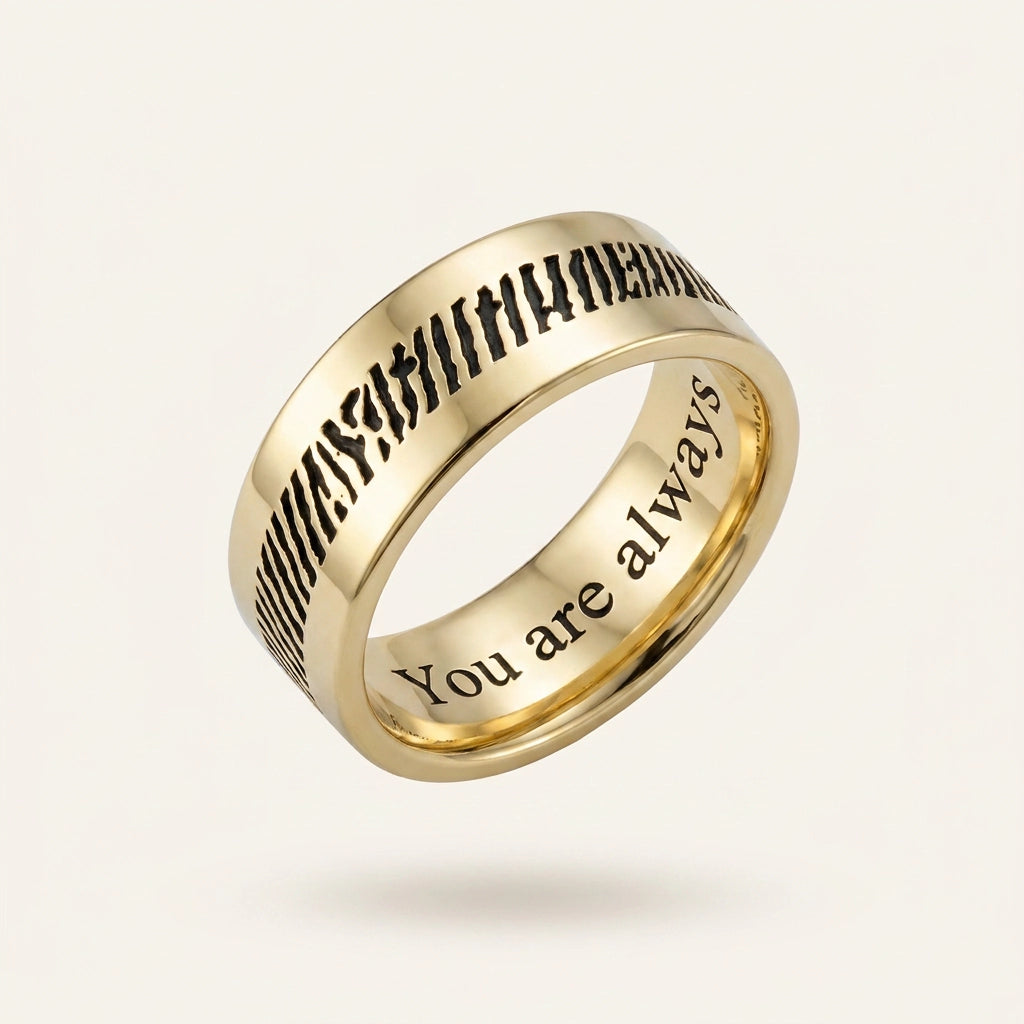 Men's Slender 14k Gold Fingerprint Ring hero — rolled fingerprint engraving with You are always inside