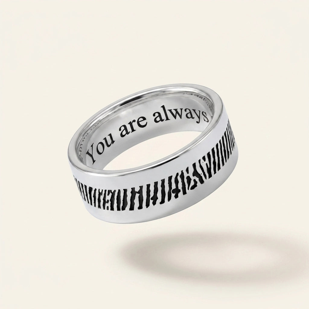 Men's slender sterling silver fingerprint ring hero — rolled fingerprint engraving with You are always inside