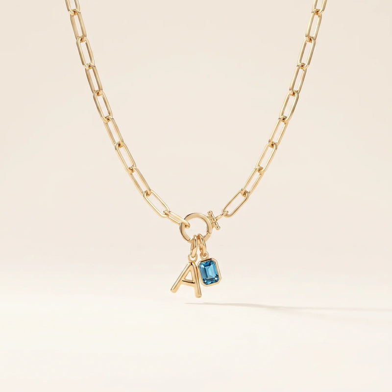 Mint Paperclip Necklace with Initial & Birthstone Charm