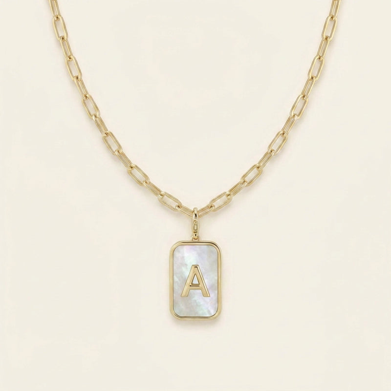 Mother of Pearl Card Initial Necklace | Paperclip Chain