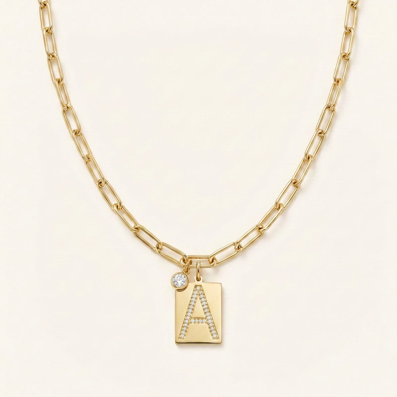 Pave Initial Pendant Necklace with Paperclip Chain