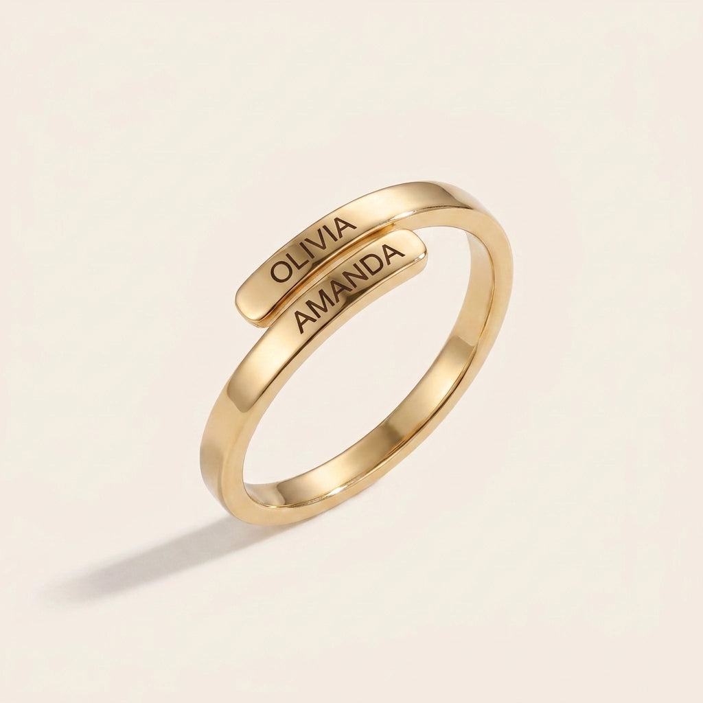 Two-Name Wrap Ring — 18k gold over sterling silver, engraved OLIVIA and AMANDA, white ecomm hero