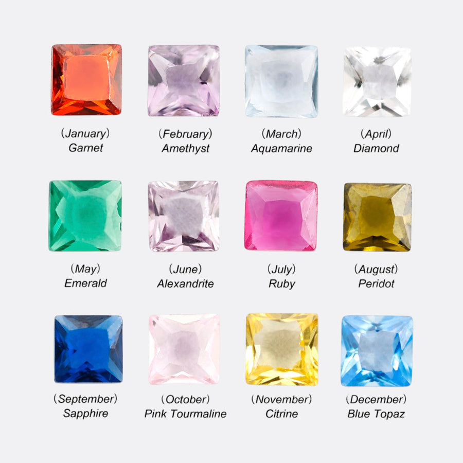 Princess-cut birthstone band ring — 12 birthstones chart