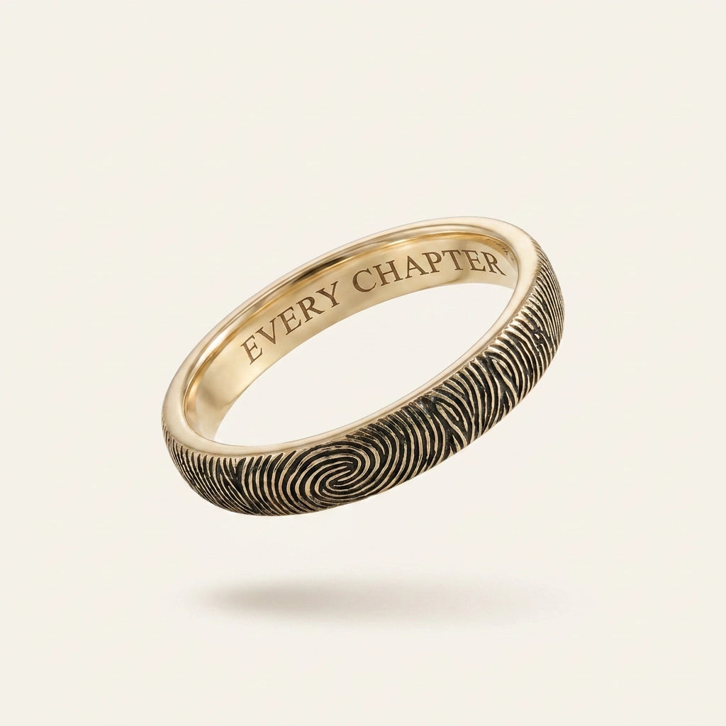 14k Yellow Gold Fingerprint Ring — solid gold band with engraved fingerprint and EVERY CHAPTER inside, hero