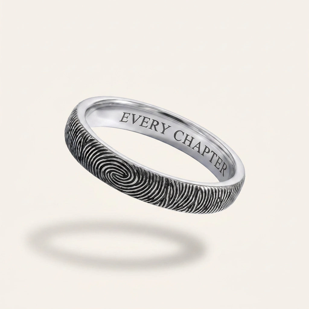 14k White Gold Fingerprint Ring — solid white gold band with engraved fingerprint and EVERY CHAPTER inside, hero