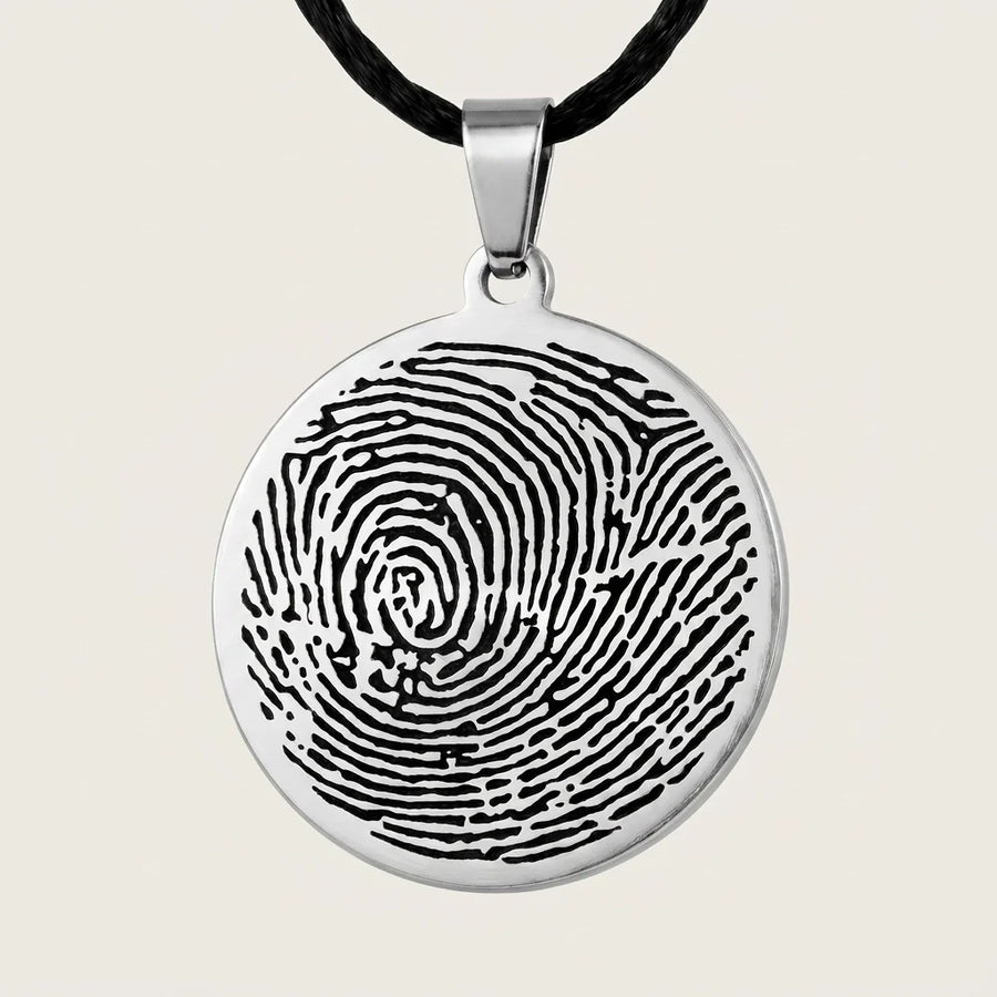 Amity Stainless Print Keepsake — polished stainless steel pendant with fingerprint engraving on black leather cord
