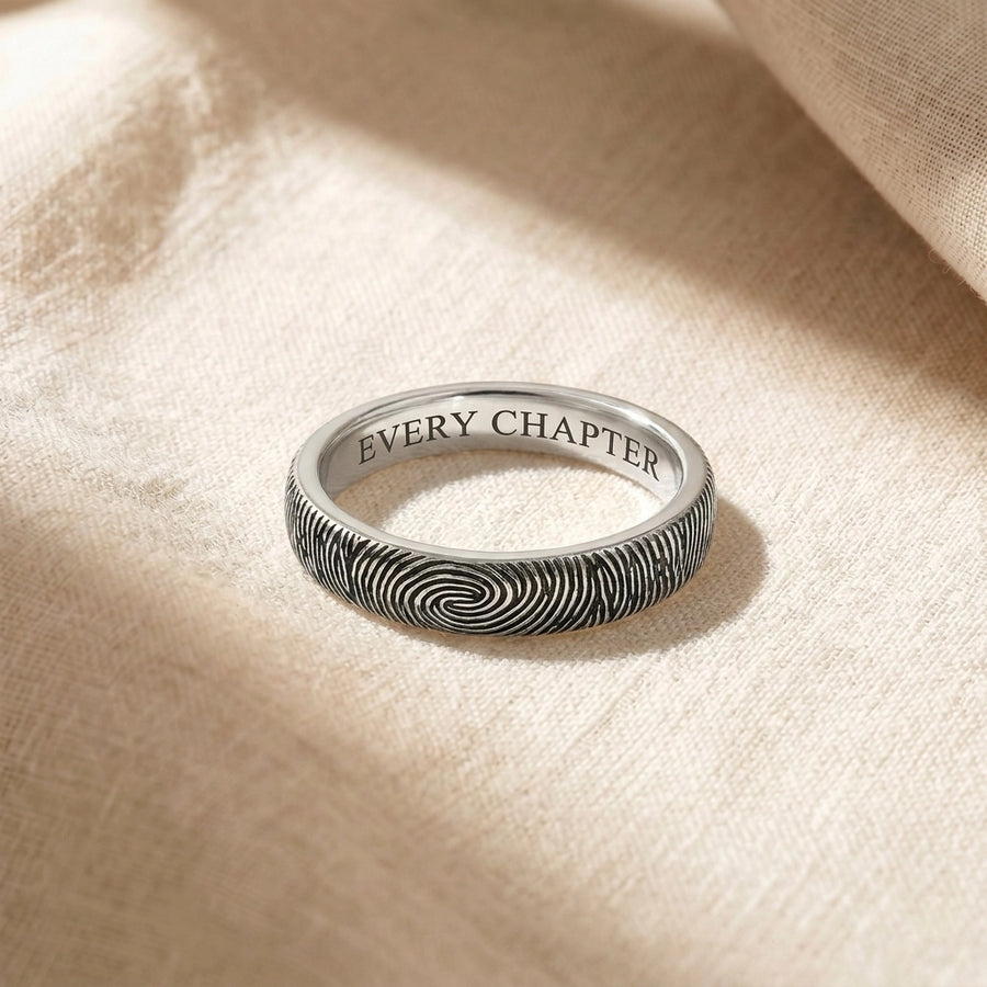 Custom Fingerprint Ring on cream linen — slim sterling silver, fingerprint band