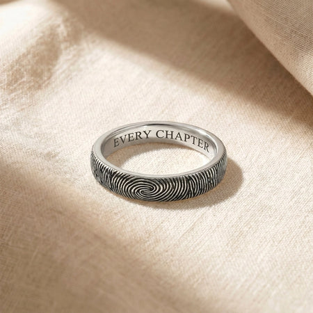 Custom Fingerprint Ring on cream linen — slim sterling silver, fingerprint band