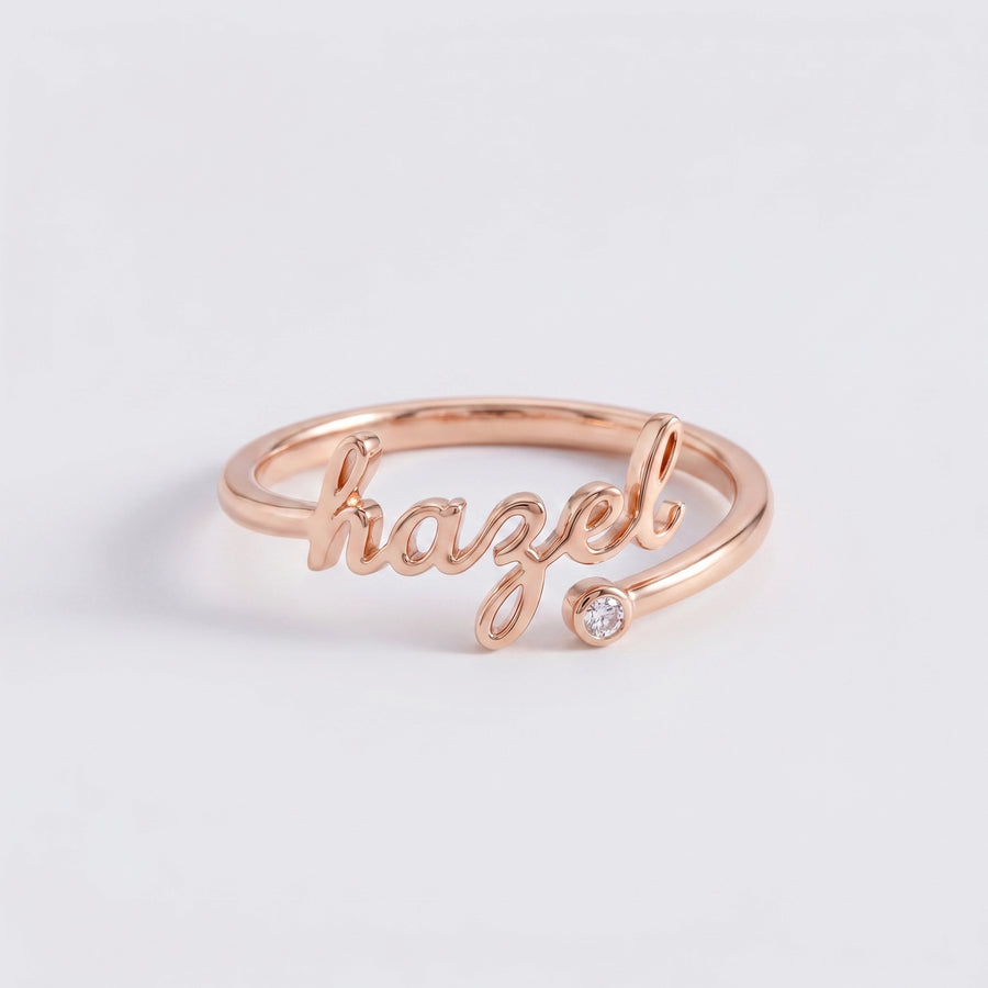 Custom Name Birthstone Ring — 18k rose gold hazel script with birthstone