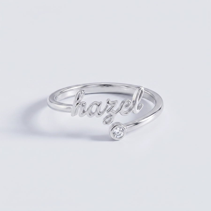 Custom Name Birthstone Ring — sterling silver hazel script with birthstone