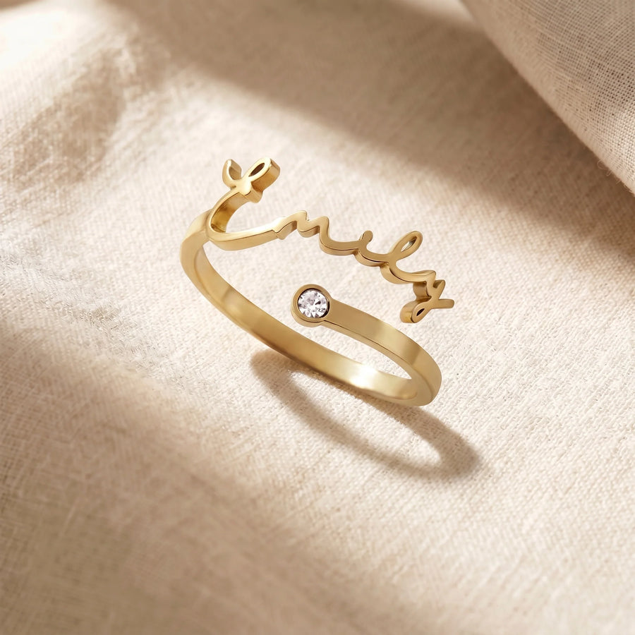 Custom Name Birthstone Ring on cream linen