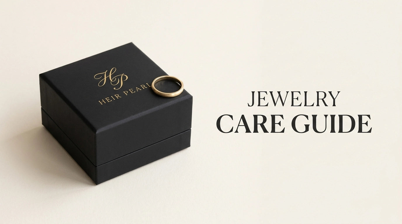 HEIRPEARL Jewelry Care Guide — calligraphic title overlay on warm linen with delicate gold chain