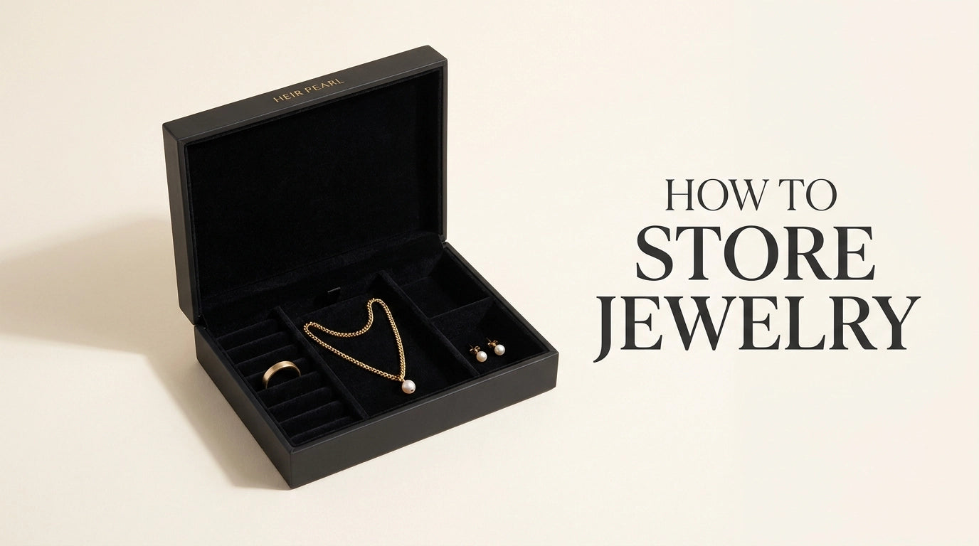 HEIRPEARL How to Store Jewelry — calligraphic title overlay with open black jewelry box