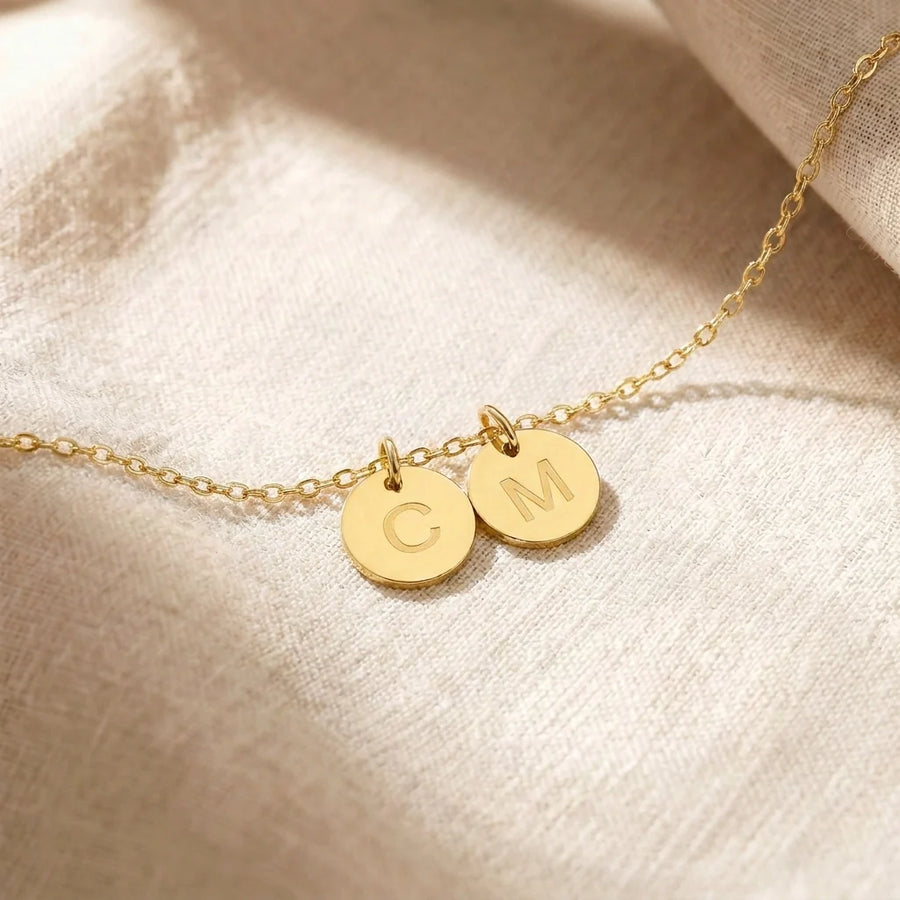 Dainty Disc Initial Necklace on linen
