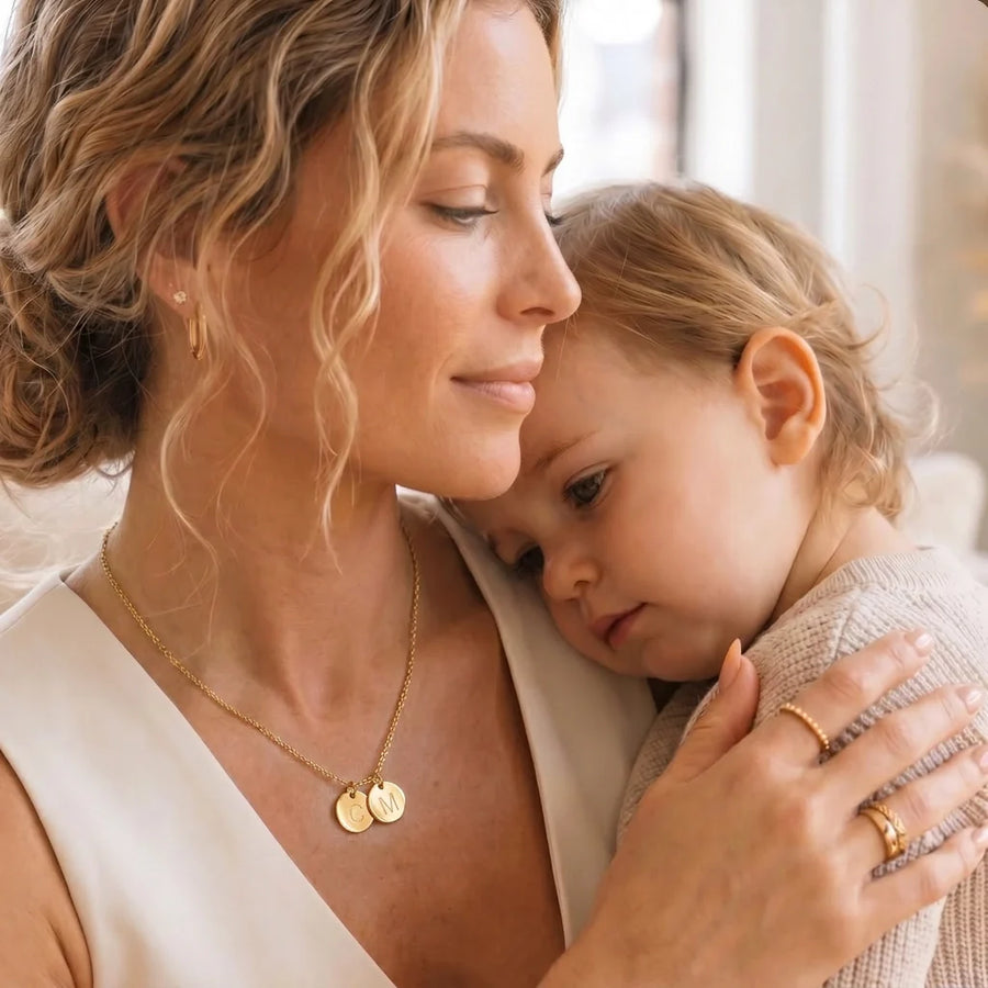 Dainty Disc Initial Necklace mother and child