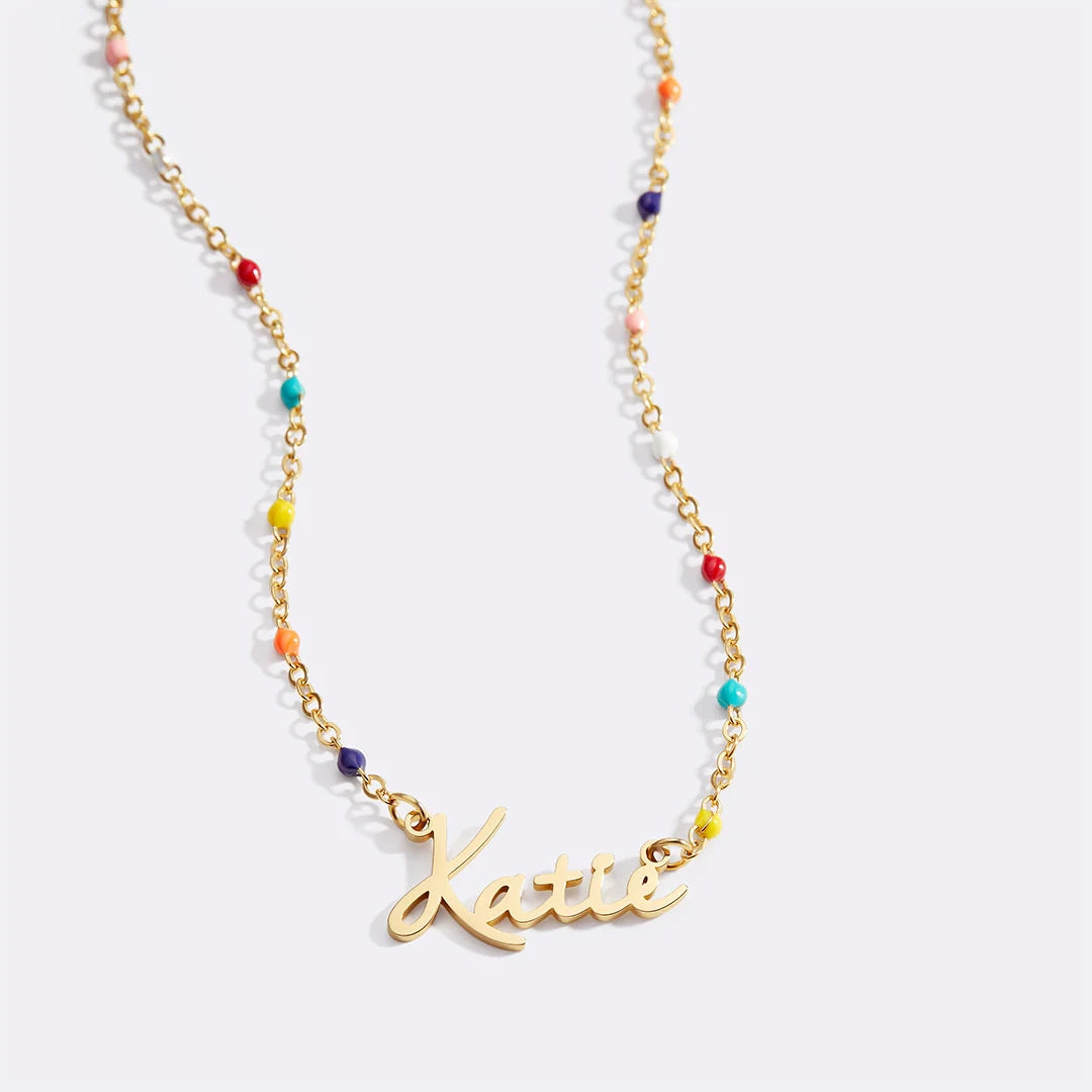 Colorful Beaded Fairy Name Necklace — hero nameplate close-up