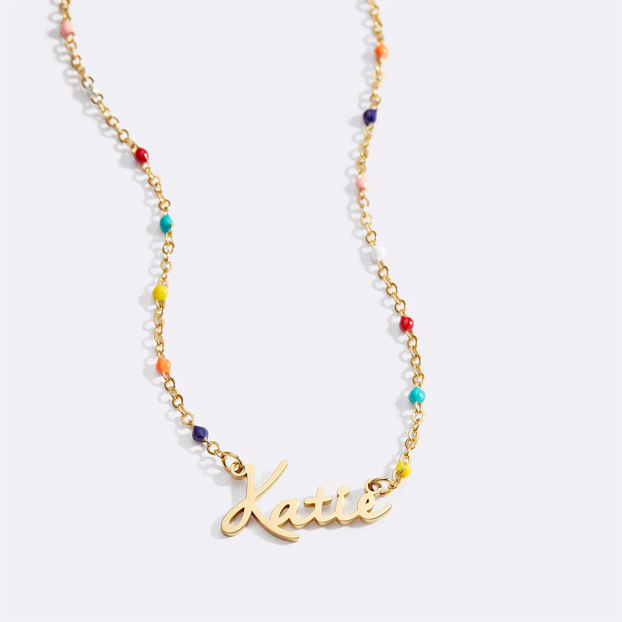 Colorful Beaded Fairy Name Necklace — hero nameplate close-up