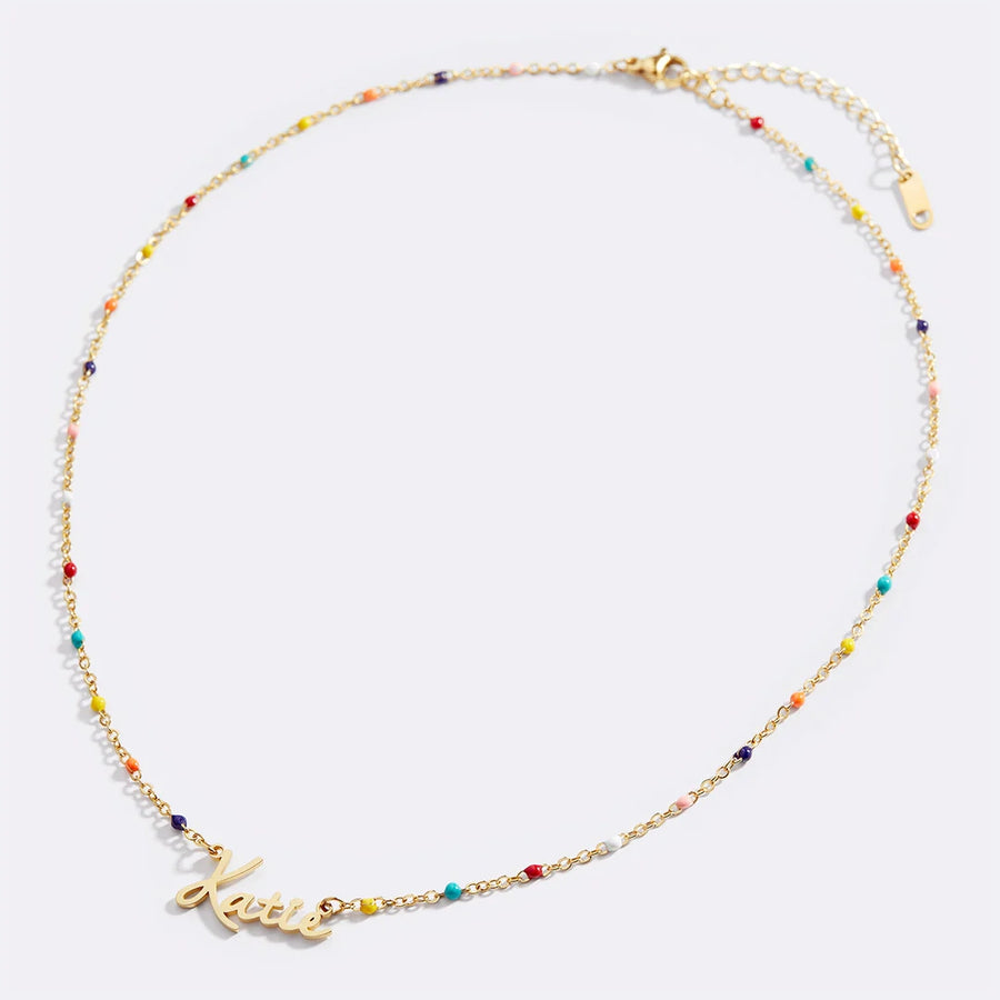 Colorful Beaded Fairy Name Necklace — beaded chain detail