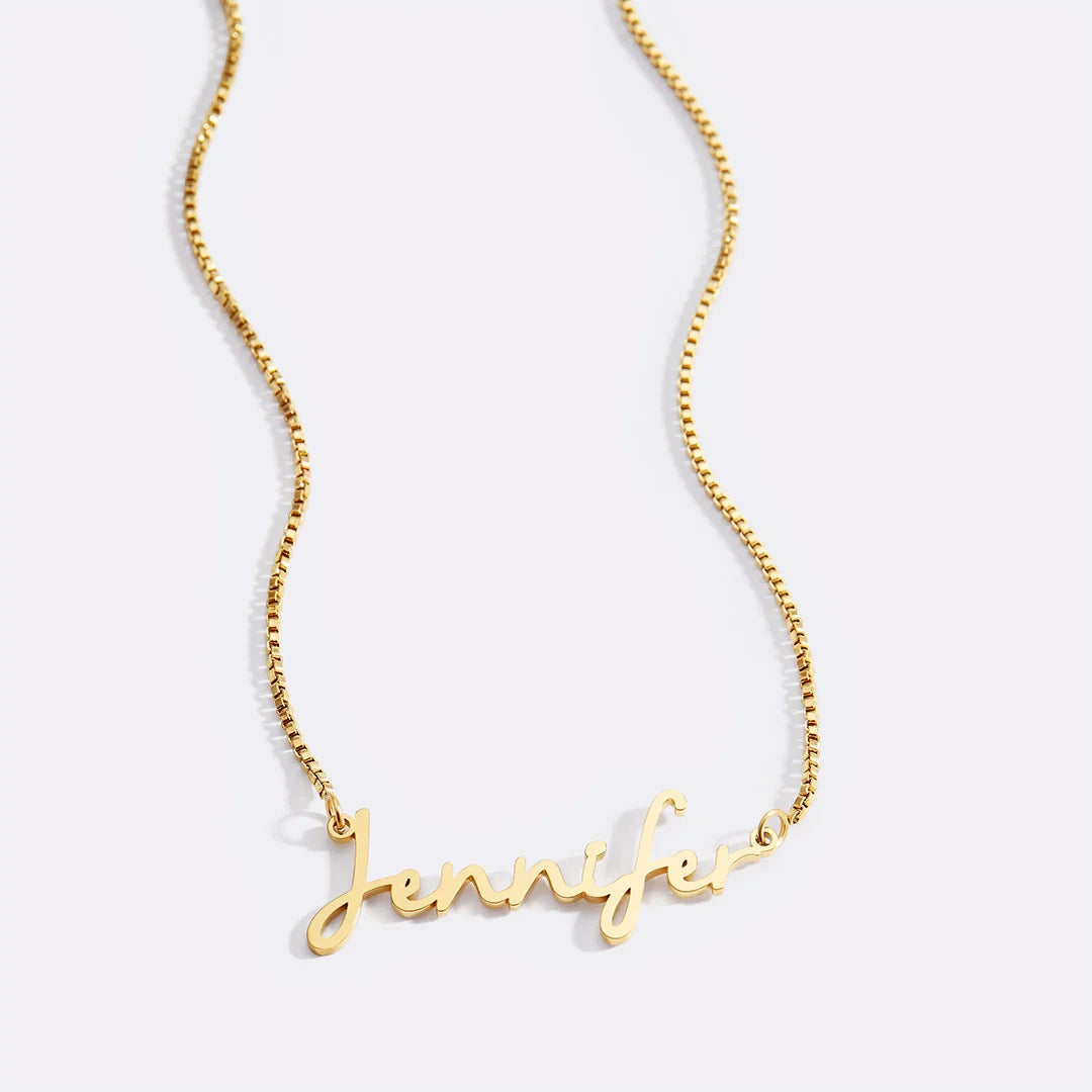 Fairy Name Necklace with Box Chain — white nameplate close-up