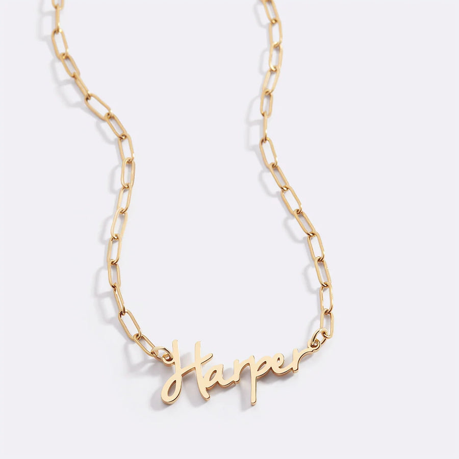 Fairy Name Necklace with Paperclip Chain — hero nameplate close-up