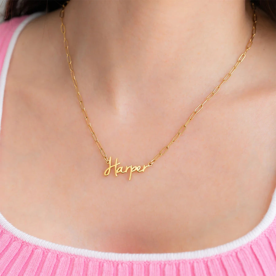 Fairy Name Necklace with Paperclip Chain — worn on neckline