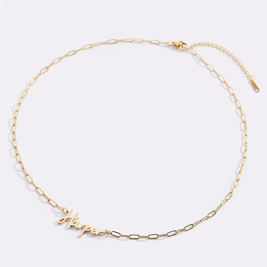 Fairy Name Necklace with Paperclip Chain — flat lay