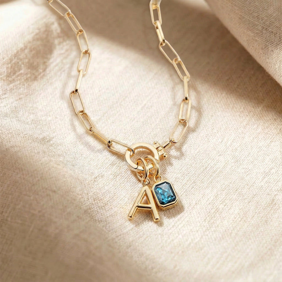 Mint Paperclip Necklace with Initial & Birthstone Charm