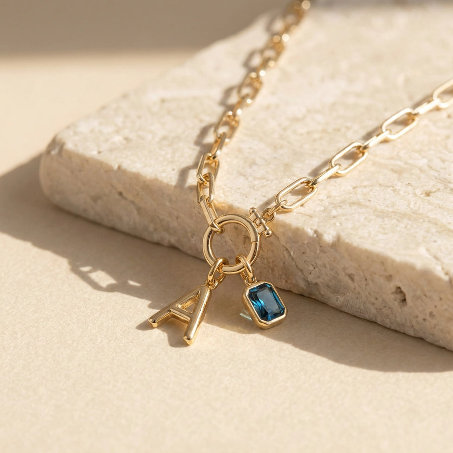 Mint Paperclip Necklace with Initial & Birthstone Charm