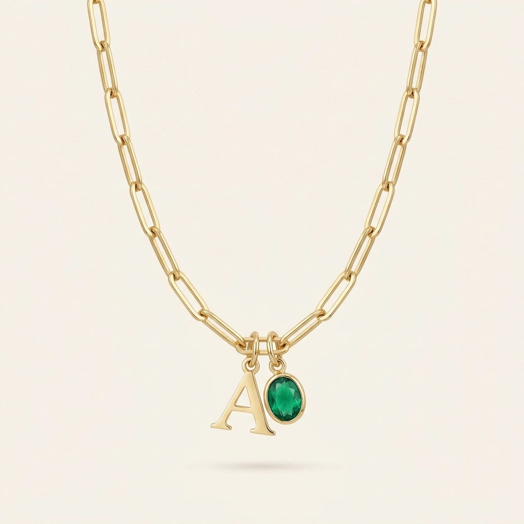 Mint Paperclip Necklace with Initial & Birthstone Charm — homepage hero on warm cream background