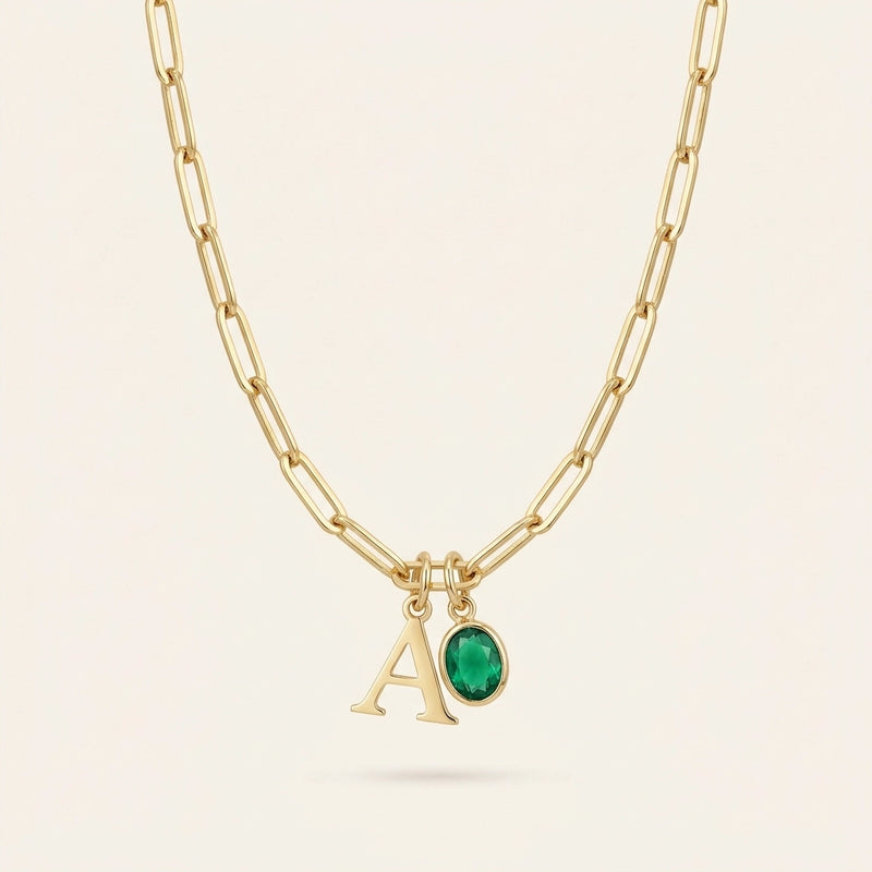 Mint Paperclip Necklace with Initial & Birthstone Charm