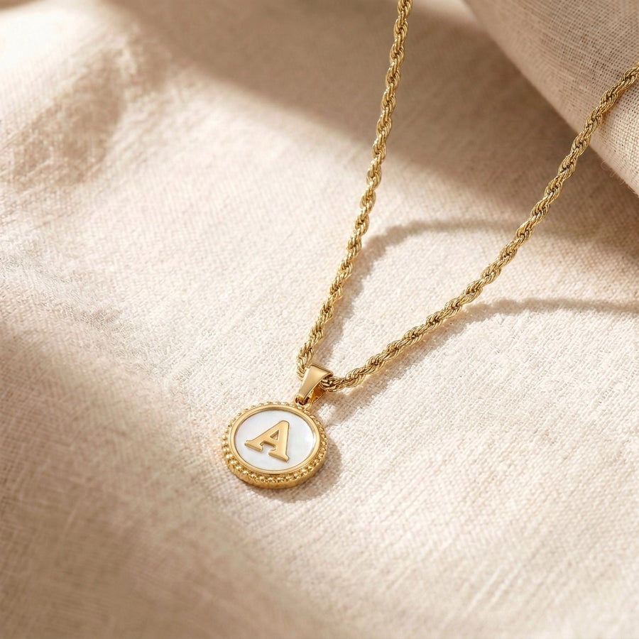 Mother of Pearl Disc Letter Necklace with Rope Chain