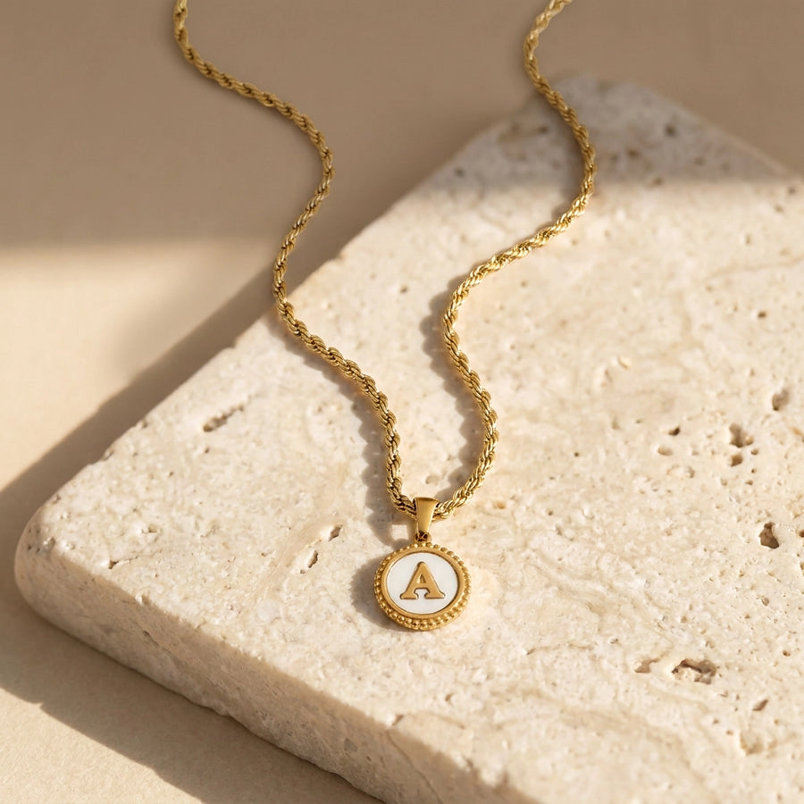 Mother of Pearl Disc Letter Necklace with Rope Chain