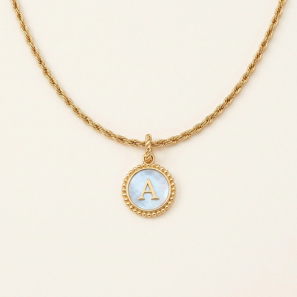 Mother of Pearl Disc Letter Necklace — single rope chain, disc pendant letter