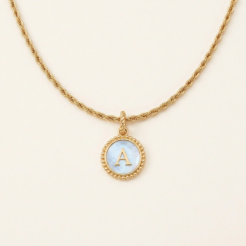 Mother of Pearl Disc Letter Necklace with Rope Chain