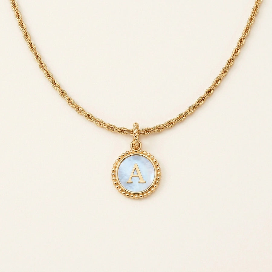 Mother of Pearl Disc Letter Necklace — single rope chain, disc pendant letter